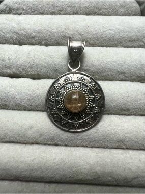 Sterling Silver Round Pendant with Golden Rutile Stone Center
